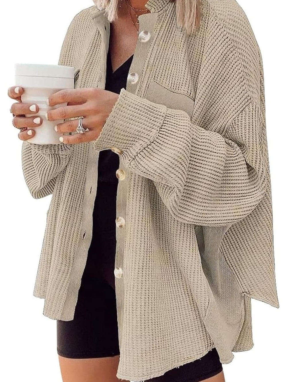 Beige Waffle-Knit Button-Up Sweater Shirt